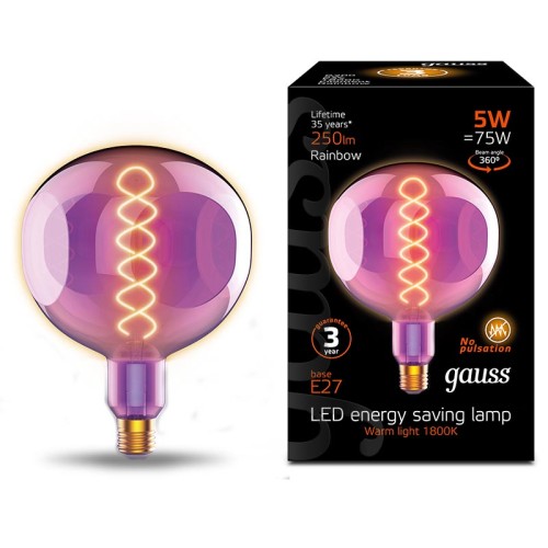 Лампа светодиодная диммируемая филаментная Gauss E27 5W 1800K розовая 1007802103, купить в Минске по самой низкой цене