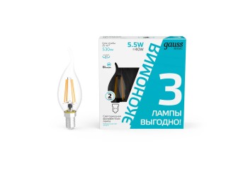 Лампа cветодиодная Gauss E14 5,5W 4100K прозрачная 3 шт. 1041126T