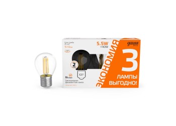 Лампа cветодиодная Gauss E27 5,5W 2700K прозрачная 3 шт. 1051216T