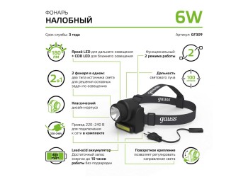 Налобный светодиодный фонарь Gauss аккумуляторный 75х70 180 лм GF309