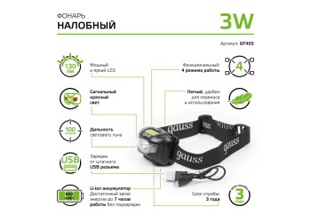 Налобный светодиодный фонарь Gauss аккумуляторный 40х60 130 лм GF405