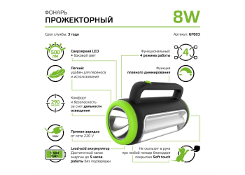 Прожекторный светодиодный фонарь Gauss аккумуляторный 219х143 500 лм GF603