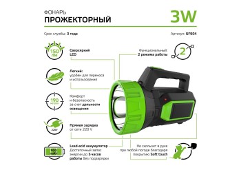Прожекторный светодиодный фонарь Gauss аккумуляторный 149х111 150 лм GF604