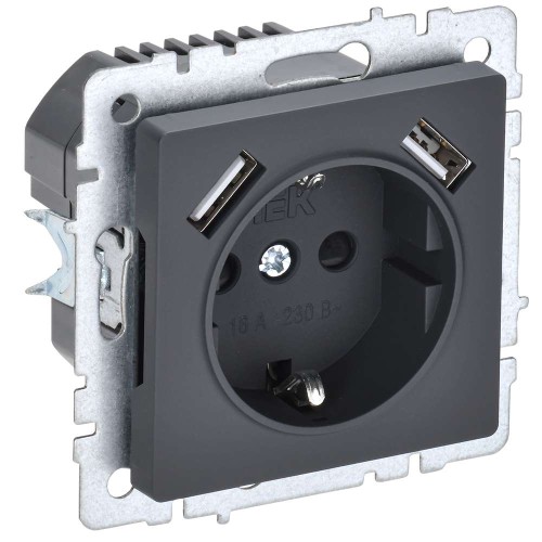 BRITE Розетка 1-местная с заземлением с защитными шторками 16А с USB A+A 5В 2,1А РЮш10-1-БрГ графит IEK BR-R14-16-U21-D21-K53, купить в Минске по самой низкой цене