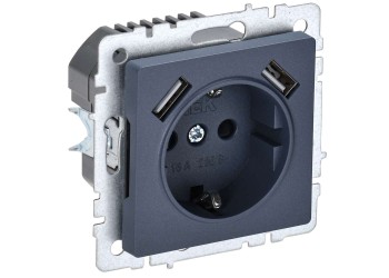 BRITE Розетка 1-местная с заземлением с защитными шторками 16А с USB A+A 5В 3,1А РЮш10-2-БрМ маренго IEK BR-R14-16-U21-D31-K35