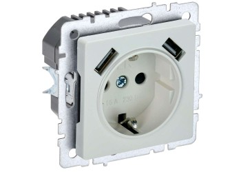 BRITE Розетка 1-местная с заземлением с защитными шторками 16А с USB A+A 5В 3,1А РЮш10-2-БрЖ жемчуг IEK BR-R14-16-U21-D31-K36