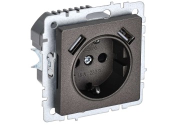 BRITE Розетка 1-местная с заземлением с защитными шторками 16А с USB A+A 5В 3,1А РЮш10-2-БрТБ темная бронза IEK BR-R14-16-U21-D31-K45