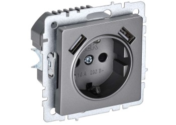 BRITE Розетка 1-местная с заземлением с защитными шторками 16А с USB A+A 5В 3,1А РЮш10-2-БрС сталь IEK BR-R14-16-U21-D31-K46