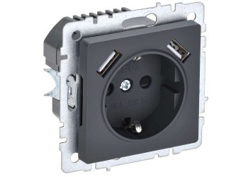 BRITE Розетка 1-местная с заземлением с защитными шторками 16А с USB A+A 5В 3,1А РЮш10-2-БрГ графит IEK BR-R14-16-U21-D31-K53