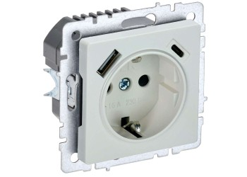 BRITE Розетка 1-местная с заземлением с защитными шторками 16А с USB A+C 18Вт РЮш11-1-БрЖ жемчуг IEK BR-R14-16-U22-018-K36