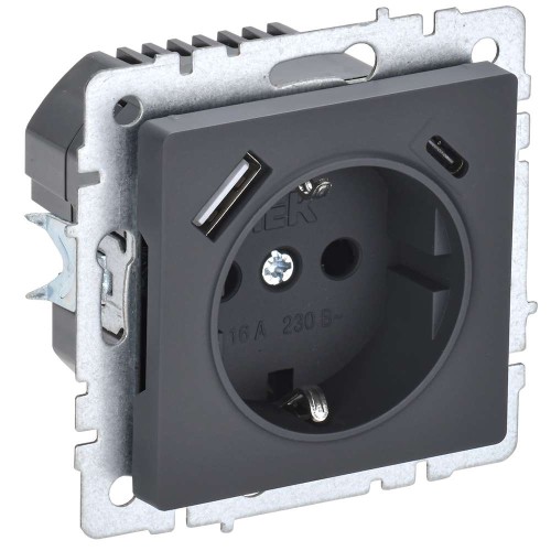 BRITE Розетка 1-местная с заземлением с защитными шторками 16А с USB A+C 18Вт РЮш11-1-БрГ графит IEK BR-R14-16-U22-018-K53, купить в Минске по самой низкой цене