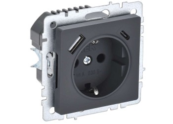 BRITE Розетка 1-местная с заземлением с защитными шторками 16А с USB A+C 18Вт РЮш11-1-БрГ графит IEK BR-R14-16-U22-018-K53