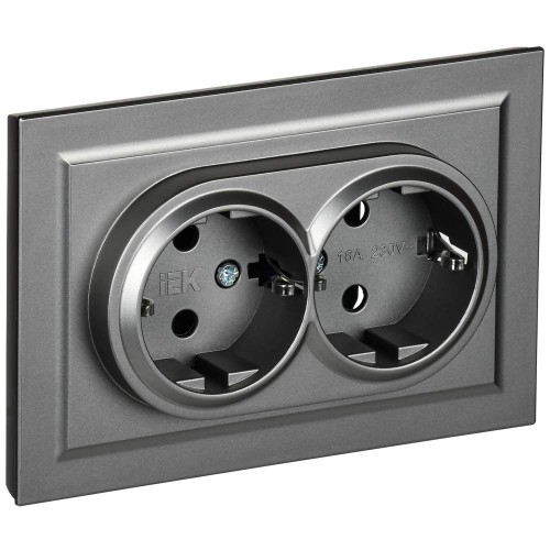 BRITE Розетка 2-местная с заземлением без защитных шторок 16А в сборе РС12-3-БрС сталь IEK BR-R21-16-K46-F, купить в Минске по самой низкой цене