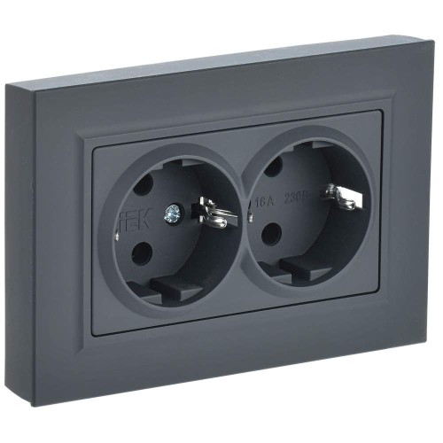 BRITE Розетка 2-местная с заземлением без защитных шторок 16А в сборе РС12-3-БрГ графит IEK BR-R21-16-K53-F, купить в Минске по самой низкой цене