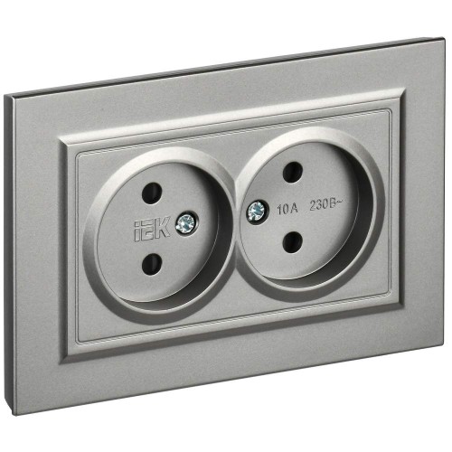 BRITE Розетка 2-местная без заземления с защитными шторками 10А в сборе РСш12-2-БрС сталь IEK BR-R23-10-K46-F, купить в Минске по самой низкой цене