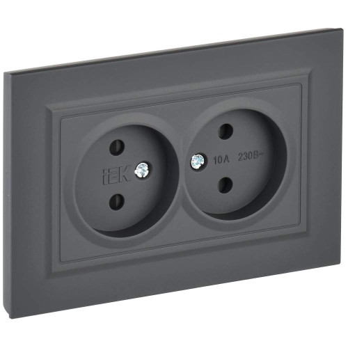BRITE Розетка 2-местная без заземления с защитными шторками 10А в сборе РСш12-2-БрГ графит IEK BR-R23-10-K53-F, купить в Минске по самой низкой цене