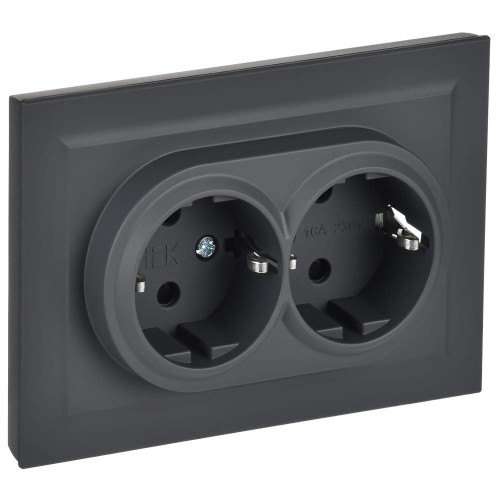 BRITE Розетка 2-местная с заземлением с защитными шторками 16А в сборе РСш12-3-БрГ графит IEK BR-R24-16-K53-F, купить в Минске по самой низкой цене