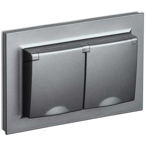 BRITE Розетка 2-местная с заземлением с защитными шторками и крышкой 16А в сборе IP44 РСбш12-3-44-БрС сталь IEK BR-R26-16-44-K46-F, купить в Минске по самой низкой цене