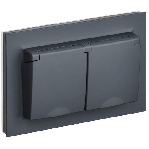 BRITE Розетка 2-местная с заземлением с защитными шторками и крышкой 16А в сборе IP44 РСбш12-3-44-БрГ графит IEK BR-R26-16-44-K53-F, купить в Минске по самой низкой цене