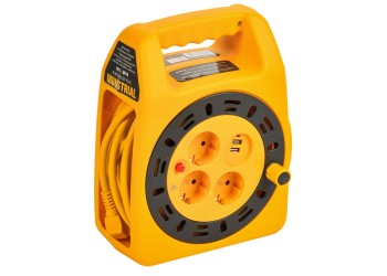 INDUSTRIAL Катушка УК15 3 места с заземлением с термозащитой 2P+PE 3х1,5мм2 USBх2 LED 15м IEK IN-KP24-16-03-15-UL