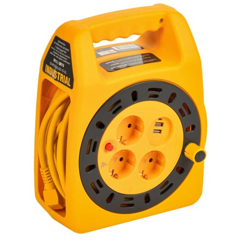 INDUSTRIAL Катушка УК15 3 места с заземлением с термозащитой 2P+PE 3х1,5мм2 USBх2 LED 15м IEK IN-KP24-16-03-15-UL, купить в Минске по самой низкой цене