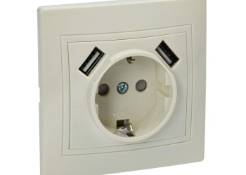 KVARTA Розетка с заземлением с защитными шторками 16А USBх2 2,1А РЮш10-1-ККм кремовый IEK KV-R14-16-U2-K33