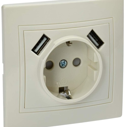 KVARTA Розетка с заземлением с защитными шторками 16А USBх2 2,1А РЮш10-1-ККм кремовый IEK KV-R14-16-U2-K33, купить в Минске по самой низкой цене