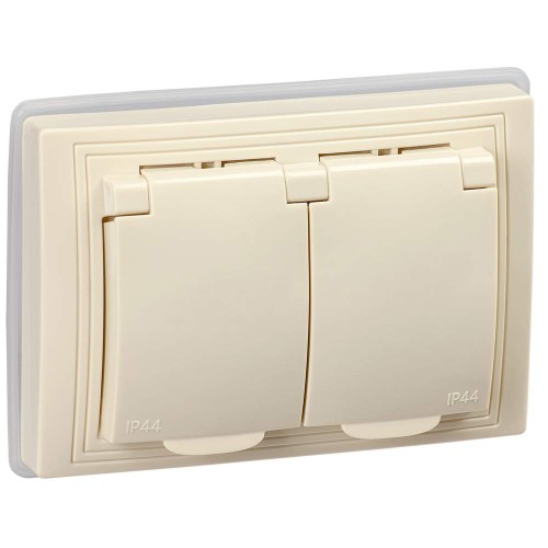 KVARTA Розетка 2-местная с заземлением с защитными шторками с крышкой 16А IP44 РСбш12-3-ККм-44 кремовый IEK KV-R26-16-44-K33, купить в Минске по самой низкой цене