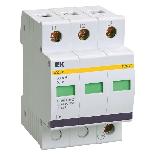 KARAT Ограничитель импульсного перенапряжения ОПС1-C 3P In=20кА Un=400В Im=40кА IEK MOP20-3-C, купить в Минске по самой низкой цене