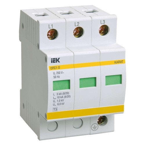 KARAT Ограничитель импульсного перенапряжения ОПС1-D 3P In=5кА Un=230В Im=10кА IEK MOP20-3-D, купить в Минске по самой низкой цене