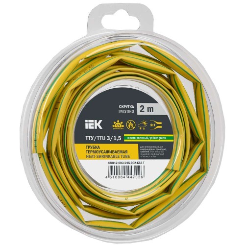 Трубка термоусадочная ТТУ нг-LS 3/1,5 желто-зеленая (2м/упак) IEK UDR12-003-D15-002-K52-T, купить в Минске по самой низкой цене