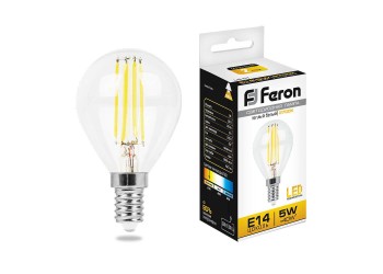 Лампа светодиодная филаментная Feron E14 5W 2700K Шар Прозрачная LB-61 25578