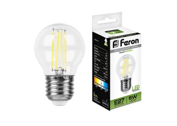 Лампа светодиодная филаментная Feron E27 5W 4000K Шар Прозрачная LB-61 25582
