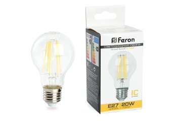 Лампа светодиодная филаментная Feron E27 20W 2700K прозрачная LB-620 38245
