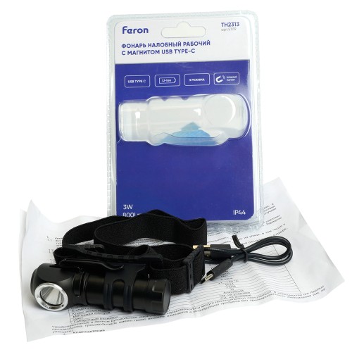 Фонарь налобный Feron TH2313 с аккумулятором 3W 1COB USB IP44, алюминий 51119, купить в Минске по самой низкой цене