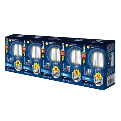 Набор светодиодных ламп филаментная Uniel E27 10W 3000K прозрачная LED-A60-10W/WW/E27/CL PLS02WH UL-00008083, купить в Минске по самой низкой цене