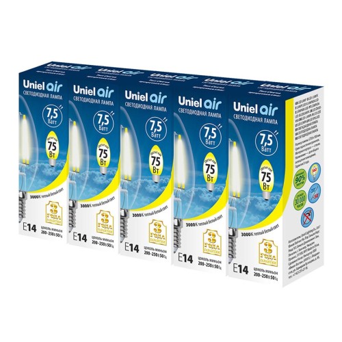 Набор светодиодных ламп филаментная Uniel E14 7,5W 3000K прозрачная LED-C35-7,5W/WW/E14/CL GLA01TR UL-00008081, купить в Минске по самой низкой цене
