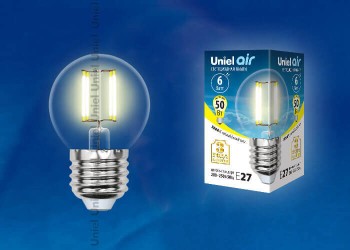 Лампа светодиодная филаментная Uniel E27 6W 3000K прозрачная LED-G45-6W/WW/E27/CL GLA01TR UL-00002203