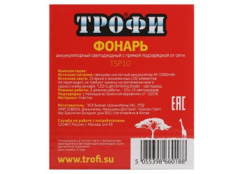 Прожекторный светодиодный фонарь ЭРА Трофи аккумуляторный 168х91х85 65 лм TSP10 Б0016537