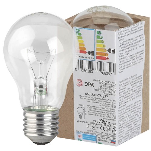 Лампа накаливания ЭРА E27 75W 2700K прозрачная A50 75-230-E27 (гофра) Б0039119, купить в Минске по самой низкой цене
