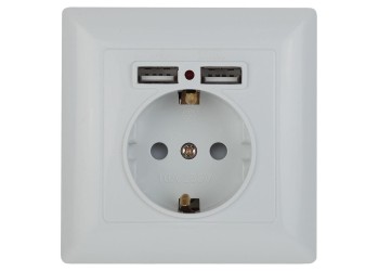 Розетка ЭРА Intro Solo Schuko P+E 16A 250V со шторками 2хUSB белый 4-410-01 Б0043403