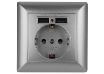 Розетка ЭРА Intro Solo Schuko P+E 16A 250V со шторками 2хUSB серебро 4-410-03 Б0043405
