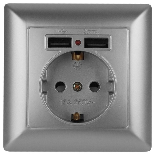 Розетка ЭРА Intro Solo Schuko P+E 16A 250V со шторками 2хUSB серебро 4-410-03 Б0043405, купить в Минске по самой низкой цене