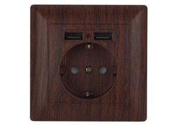 Розетка ЭРА Intro Solo Schuko P+E 16A 250V со шторками 2хUSB венге 4-410-10 Б0043408