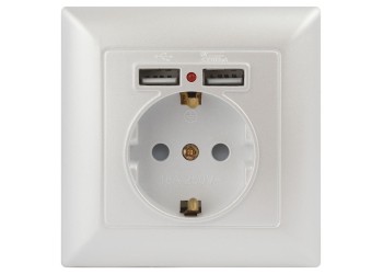 Розетка ЭРА Intro Solo Schuko P+E 16A 250V со шторками 2хUSB перламутровый 4-410-06 Б0053718