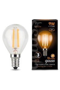 Светодиодная лампа Gauss LED Filament G45 E14 9W 680lm 2700K 1/10/50