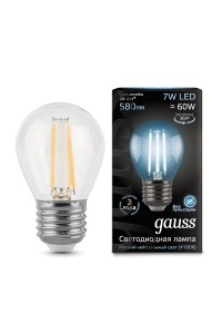 Светодиодная лампа Gauss LED Filament G45 E27 7W 580lm 4100K 1/10/50